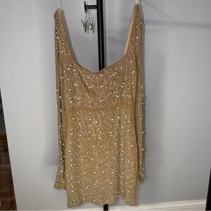 Gold/Tan Sequin/Pearl Embellished Long Sleeve Mini Dress